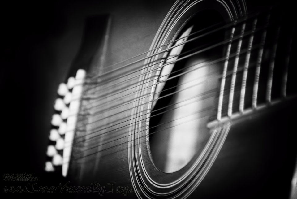 Black and white vignette of guitar sound hole