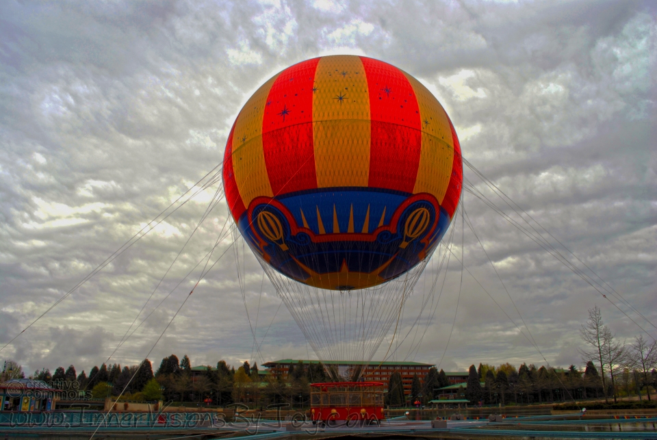 Balloon outside of Disney Paris against a dreary gray sky