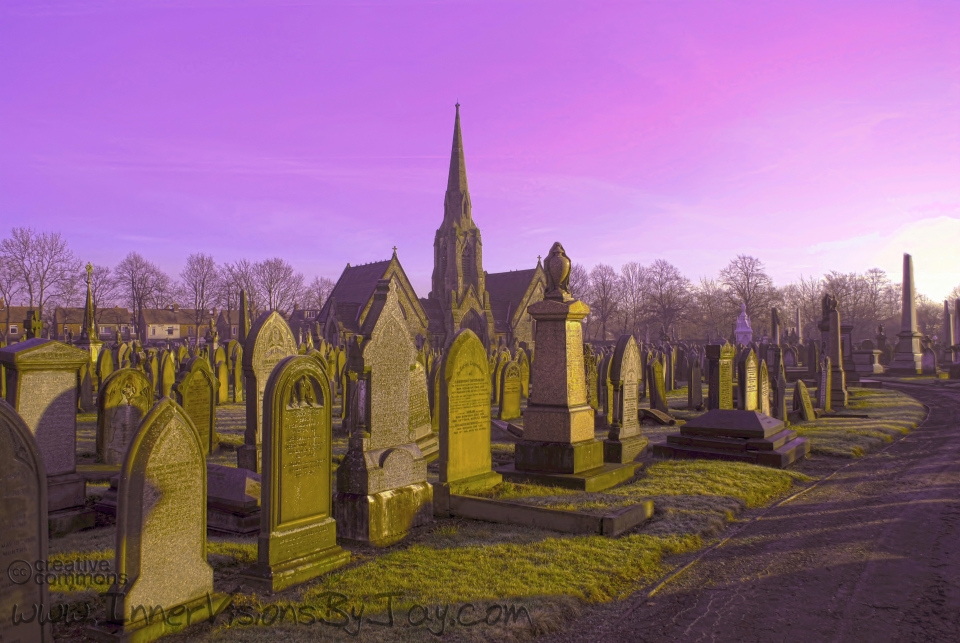 Necropolis Dawning Necropolis Dawning - Graveyard with Purple Skies and sunrise underlighting aroun